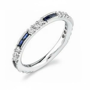 Vintage Retro Circa 1880s Moissanite Diamond & Sapphire Wedding Band, Vintage Band, Half Eternity Band, Art Deco Band, Antique Ring Band