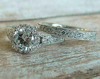 Vintage Art Deco Ring Set, Edwardian Bridal Set, Antique Engagement Ring Set in Sterling Silver Retro Bridal Wedding Set, Milgrain Ring Set