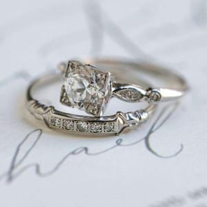 Vintage Art Deco Moissanite Diamond Wedding Ring Set In Argentium Silver, Antique Bridal Set