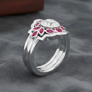 1 CT White Round Cut Diamond Vintage Halo Wedding Ring Set, Art Deco Flower Shaped Red Ruby Bridal Set in 935 Argentium Silver Ring Set