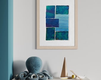 Original Abstract Artwork Watercolor Collage Painting - Blue Vibes