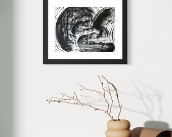 Original Abstract Artwork Framed Charcoal Drawing - Holding the Dark