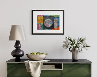 Original Abstract Artwork Watercolor Painting Mixed Media Collage - Technicolor Moon