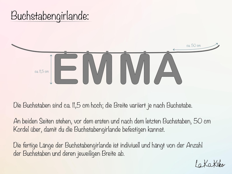 Puede incluir: Una guirnalda gris que deletrea "EMMA", con cada letra de aproximadamente 11,5 cm de alto. La guirnalda incluye un cord&oacute;n a cada lado, cada uno de aproximadamente 50 cm. El texto "Buchstabengirlande" est&aacute; en la parte superior.