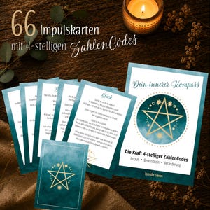 May include: A collection of 66 impulse cards with 4-digit number codes. The cards feature teal and gold designs with a pentagram symbol and text in German. A lit candle and foliage are in the background.