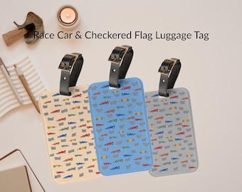 Race Car Luggage Tag, Checkered Flag, F1 Motorsport Travel Accessory