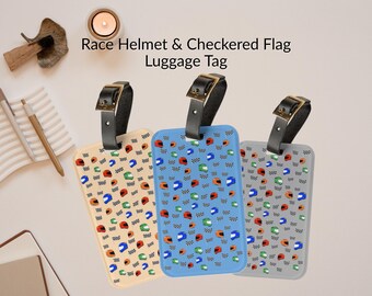 Race Helmets Luggage Tag, Checkered Flag, F1 Motorsport Travel Accessory