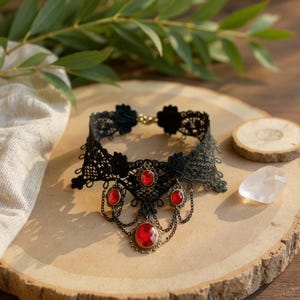 Black Lace Choker Necklace | Gothic Victorian Vintage Vampire Jewelry | Red Rose Crystal Pendant Choker | Elegant Dark Academia Witchy Hallo
