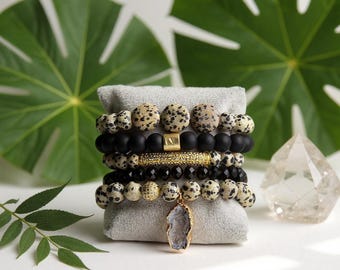 Gemstone Stackable Stretch Bracelet Set | 5 Piece Natural Stone Beaded Layered Bracelets | Boho Crystal Charm Jewelry for Women