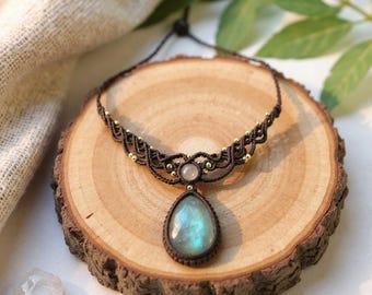 Labradorit Makramee Halskette | Verstellbarer Boho Anhänger | Hippie Schmuck für Frauen | Teardrop Anhänger