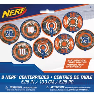 May include: A package of eight NERF centerpieces. The circular targets feature orange, blue, and white designs with point values of 5, 10, 25, and 50. The package also includes the text "ALSO GREAT FOR TARGET PRACTICE!" and measurements of 5.25 inches.