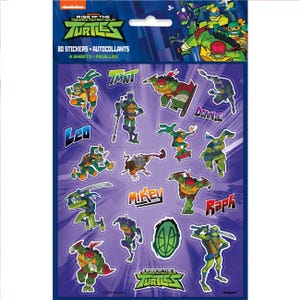 May include: A package of 80 stickers featuring the Teenage Mutant Ninja Turtles. The stickers are on four sheets and include images of the turtles in action poses, with names like "Leo," "Mikey," and "Donnie." The background is a purple gradient.