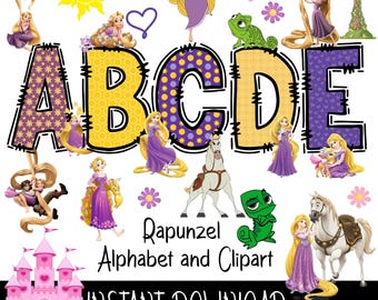 May include: A digital graphic featuring the alphabet letters A, B, C, D, and E, each decorated with a Rapunzel theme. The image includes Rapunzel characters, a pink castle, and the text "Rapunzel Alphabet and Clipart" and "INSTANT DOWNLOAD".