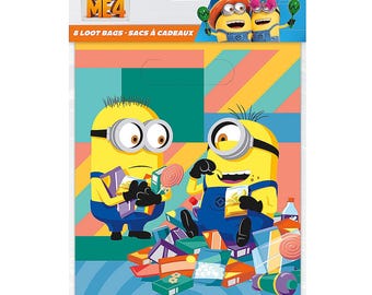 May include: A package of eight Despicable Me 4 loot bags. The bags feature yellow Minions in blue overalls, surrounded by colorful candy and gifts. The background has a geometric pattern in teal, orange, and yellow.