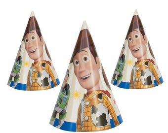 May include: Three cone-shaped party hats featuring the character Woody from the animated film Toy Story. The hats have a brown top and a design of Woody's face and outfit. Buzz Lightyear is also featured on the hats.
