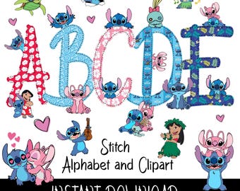 Puede incluir: Un gráfico digital colorido con las letras A, B, C, D y E, cada una decorada con un patrón único y personajes de Stitch. La imagen incluye varias ilustraciones de Stitch, corazones y el texto "Stitch Alphabet and Clipart".