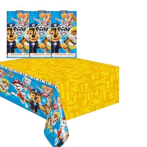 May include: Three rectangular plastic tablecloth packages featuring Paw Patrol characters, each measuring 54 inches by 84 inches. Below, a yellow tablecloth with a repeating pattern and a blue border displays Paw Patrol characters in action.