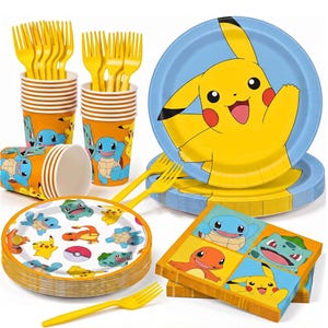 May include: A party supply set featuring yellow plastic forks, orange paper cups with Squirtle and Pikachu graphics, blue-rimmed plates with a large Pikachu illustration, white plates with various Pokémon characters, and square napkins with character panels.