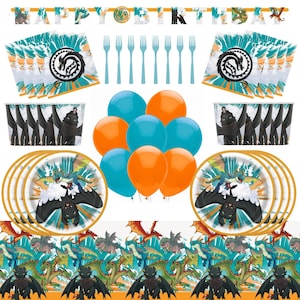 May include: A party supply set featuring a Happy Birthday banner, teal and orange balloons, paper plates, cups, and napkins decorated with dragon illustrations. Includes eight light blue plastic forks and matching themed tableware items.