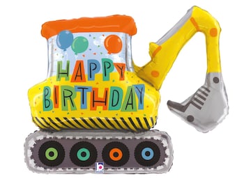 Globo de aluminio de 31 pulgadas con la frase "Feliz cumpleaños, excavadora de construcción"
