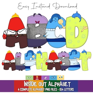 May include: A digital alphabet set featuring characters from the movie Inside Out. The letters A, B, C, D, and the word ALPHABET are displayed in a colorful, cartoon style. The image includes the text "Easy Instant Download" and "Inside Out Alphabet".