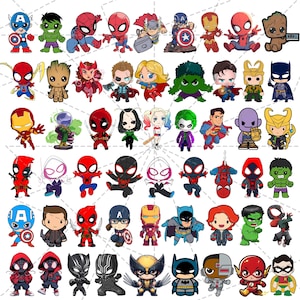 Op de afbeelding: Een verzameling kleurrijke cartoonkarakterillustraties, waaronder superhelden en schurken. De personages zijn afgebeeld in een chibi-stijl, met grote hoofden en vereenvoudigde kenmerken. De afbeelding bevat personages als Spider-Man, Batman en Harley Quinn.