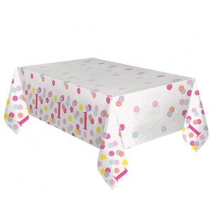 Pink Dots 1st Birthday Rectangular Plastic Table Cover, 54&quot; x 84&quot;