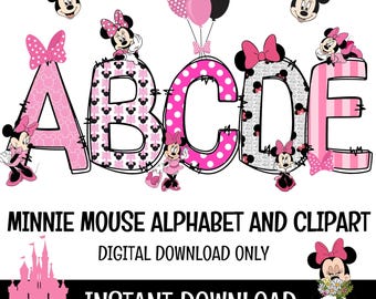 Minnie Maus Doodle Alphabet Buchstaben, Zahlen PNG Bundle Sofort Download