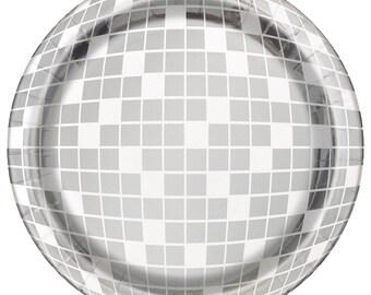 May include: A round, silver-colored paper plate with a disco ball design. The plate features a grid pattern of small, square tiles in shades of gray and silver, creating a reflective surface. Ideal for parties and celebrations.