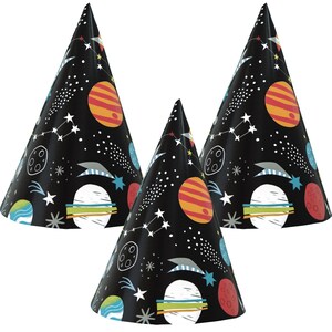 May include: Three black party hats with a space-themed design. The hats feature planets, stars, and constellations in various colors. The hats are cone-shaped and suitable for a birthday party or space-themed event.