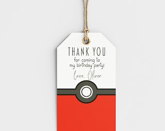 Poke Ball Personalized Thank You Favor Tags: Pikachu Party, Set of 8