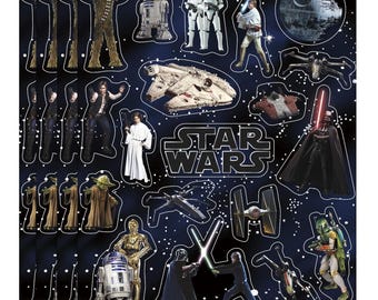 May include: A sheet of Star Wars stickers featuring various characters and elements from the franchise. Includes images of Chewbacca, R2-D2, Stormtroopers, Darth Vader, the Millennium Falcon, and the Death Star. The Star Wars logo is prominently displayed.