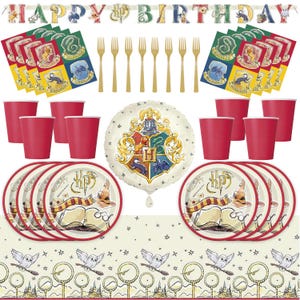 May include: A party supplies set featuring a "Happy Birthday" banner, plates, cups, forks, and napkins. The plates and napkins have a themed design with a book, glasses, and a hat. The set includes a balloon with a crest.