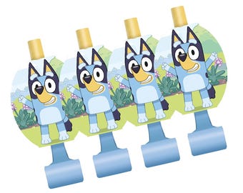 May include: Four party blowers featuring a cartoon dog character in blue, black, and white. Each blower has a blue handle, a cartoon image, and a yellow mouthpiece. The background of the image is a green field with flowers.