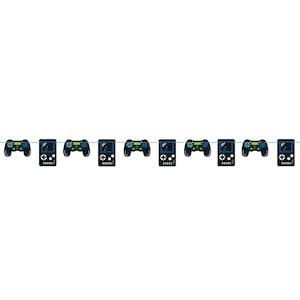 May include: A banner featuring a repeating pattern of video game controllers and handheld consoles. The controllers are black with blue and green accents. The handheld consoles are black with a blue screen and white buttons. The banner is strung on a thin white string.