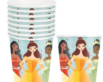 May include: A stack of paper cups with a light blue background and illustrations of animated princesses. The cups feature a white rim and a design of several princesses in colorful dresses. The cups are suitable for a party or themed event.