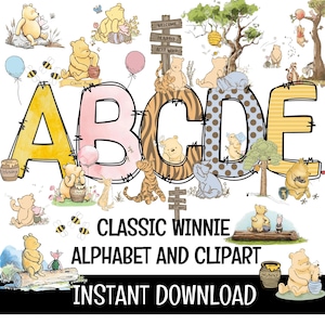 Pode incluir: Uma ilustração digital com as letras do alfabeto A, B, C, D e E, cada uma decorada com personagens e imagens do Ursinho Pooh. As palavras "CLASSIC WINNIE ALPHABET AND CLIPART INSTANT DOWNLOAD" também são exibidas.