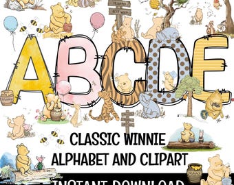 Paquete de letras del alfabeto clásico de Winnie the Pooh Doodle PNG, descarga instantánea