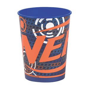 May include: A blue plastic cup with a blue rim and the word "NERF" in large orange letters. The cup has a geometric pattern in blue, white, and gray. The bottom of the cup has the text "Reserved. Tous Droits Réservés."