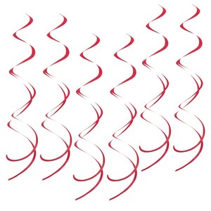 May include: Red party streamers in a spiral shape against a white background. The streamers are thin and wavy, creating a festive and decorative element. Perfect for birthdays, holidays, or any celebration.