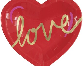 Red & Pink Valentines "Love" Heart Shaped 7.25" Dessert Plate 8ct