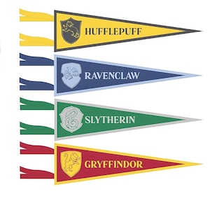 May include: Four pennant flags, each representing a Hogwarts house. Hufflepuff is yellow, Ravenclaw is blue, Slytherin is green, and Gryffindor is red. Each pennant has a house crest and name.