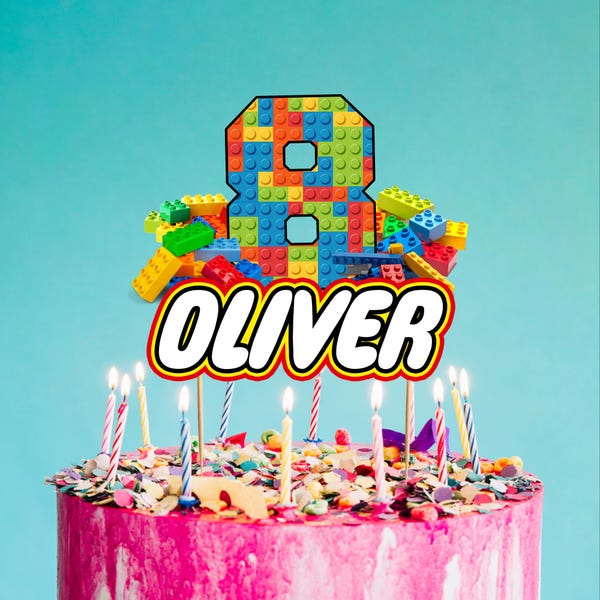 Building Blocks Custom Name And Age CardStock Cake Topper 7"