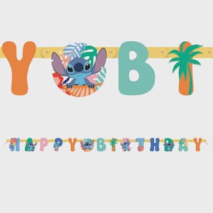 May include: A decorative banner spelling YOBI and HAPPY BIRTHDAY in colorful letters. The design features the blue character Stitch, tropical palm leaves, and hibiscus flowers in shades of orange, teal, pink, and green on a yellow string.