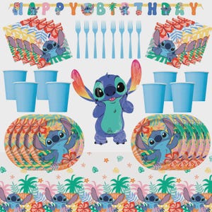 May include: A party supply set featuring Stitch from Lilo and Stitch, including a Happy Birthday banner, light blue paper cups, plates with tropical floral patterns, blue plastic forks, and a large Stitch-shaped foil balloon.