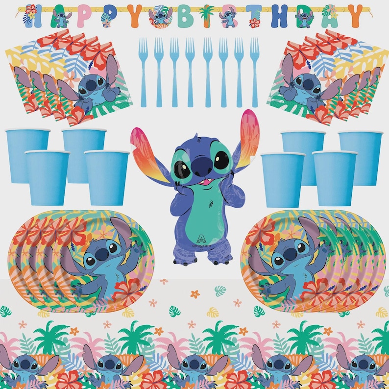 May include: A party supply set featuring Stitch from Lilo and Stitch, including a Happy Birthday banner, light blue paper cups, plates with tropical floral patterns, blue plastic forks, and a large Stitch-shaped foil balloon.