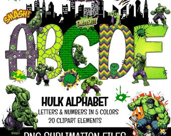 Hulk Doodle Alphabet PNG Clipart: Sublimation Design (Digital Download