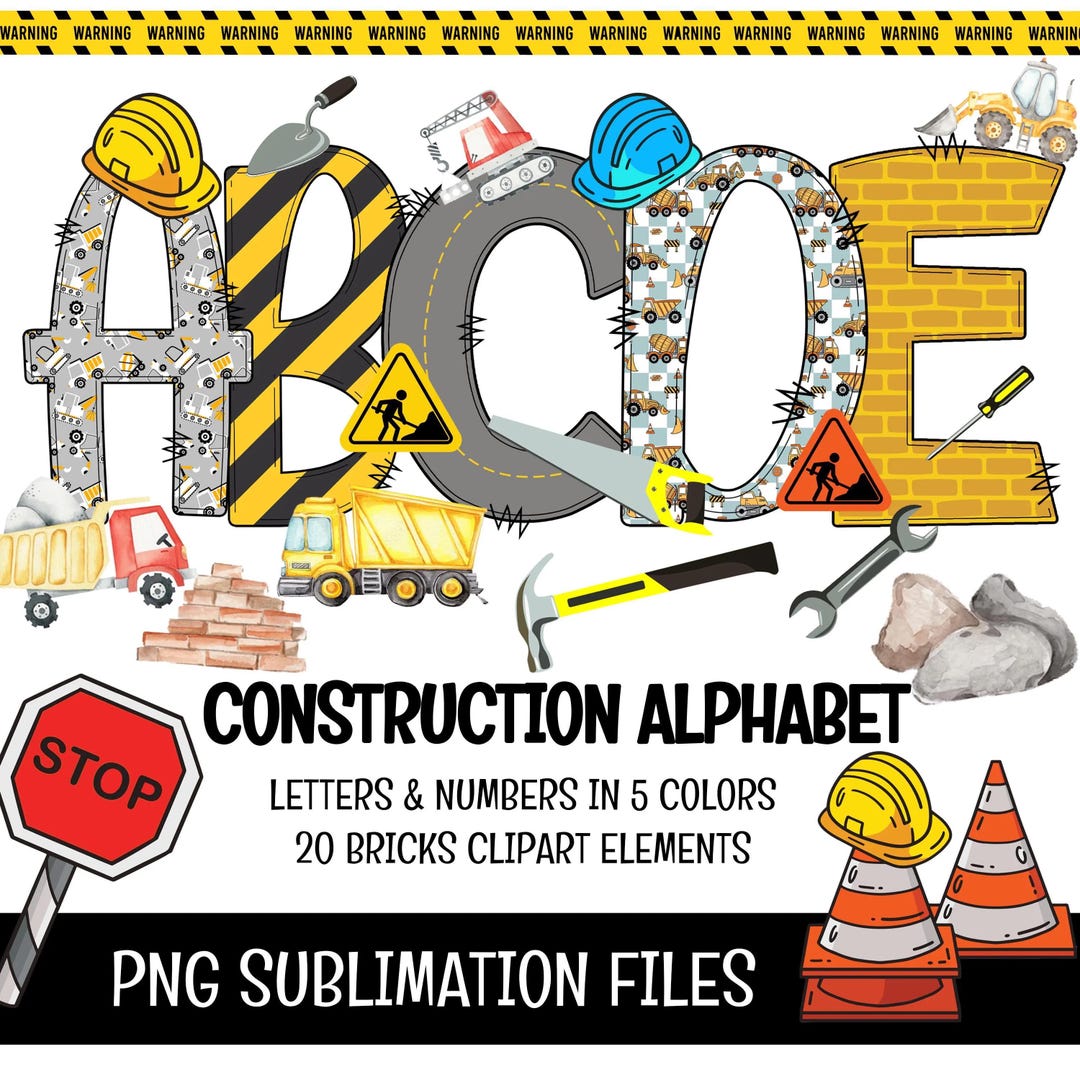 Construction Alphabet Clipart Bundle: PNG Letters & Numbers (digital ...