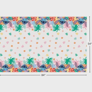May include: A rectangular tablecloth featuring a repeating pattern of the blue character Stitch surrounded by tropical flowers and palm leaves. The design includes orange, pink, yellow, and green foliage on a white background, measuring 54 by 84 inches.