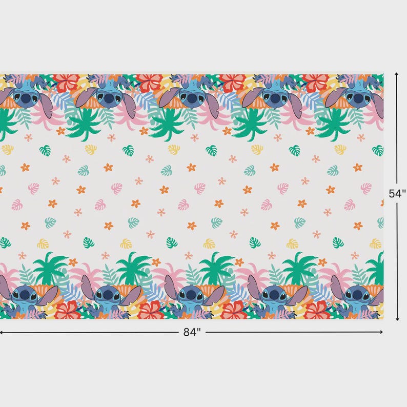 May include: A rectangular tablecloth featuring a repeating pattern of the blue character Stitch surrounded by tropical flowers and palm leaves. The design includes orange, pink, yellow, and green foliage on a white background, measuring 54 by 84 inches.